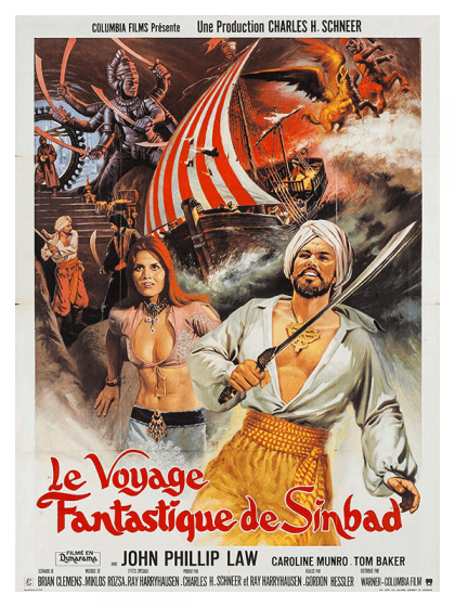 Un hombre vestido con turbante y espada es protagonista sobre un fondo de criaturas y personajes míticos.