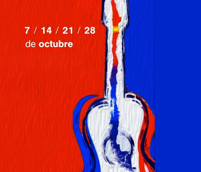 Sobre un fondo azul y rojo con textura de pintura hay una guitarra abstracta. Encima dice 7 / 14/ 21 / 28 de octubre en letras blancas.