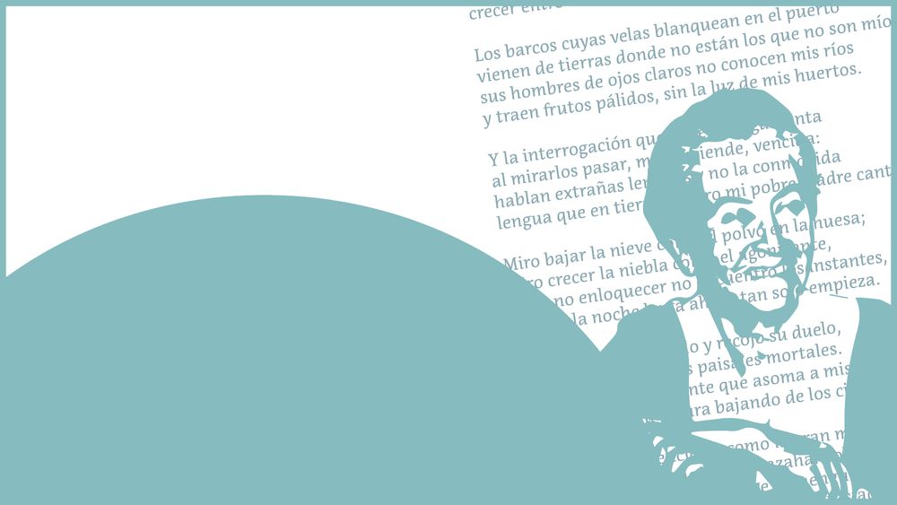 Sobre un fondo blanco, en color verde hay un poema de Gabriela Mistral. Sobre él hay una imagen de Gabriela Mistral