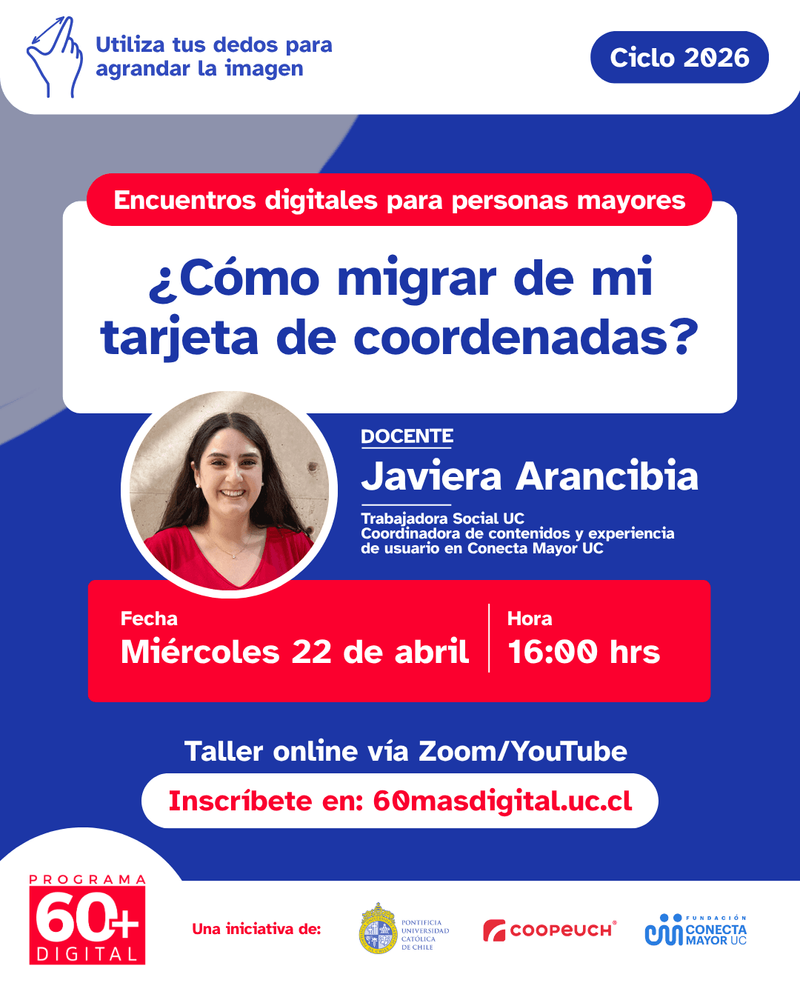 Gráfica para difundir el encuentro digital para personas mayores sobre la migración desde la tarjeta de coordenadas.