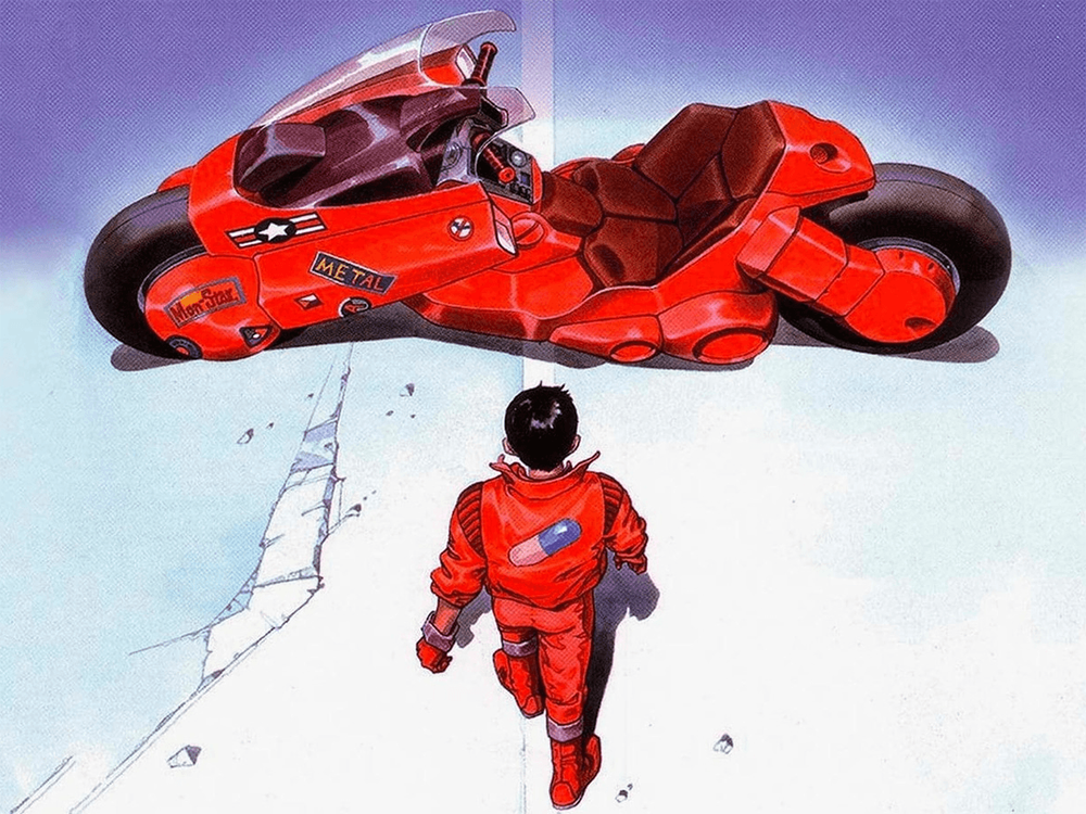 Imagen de la película Akira. Un hombre caminando a su moto roja.