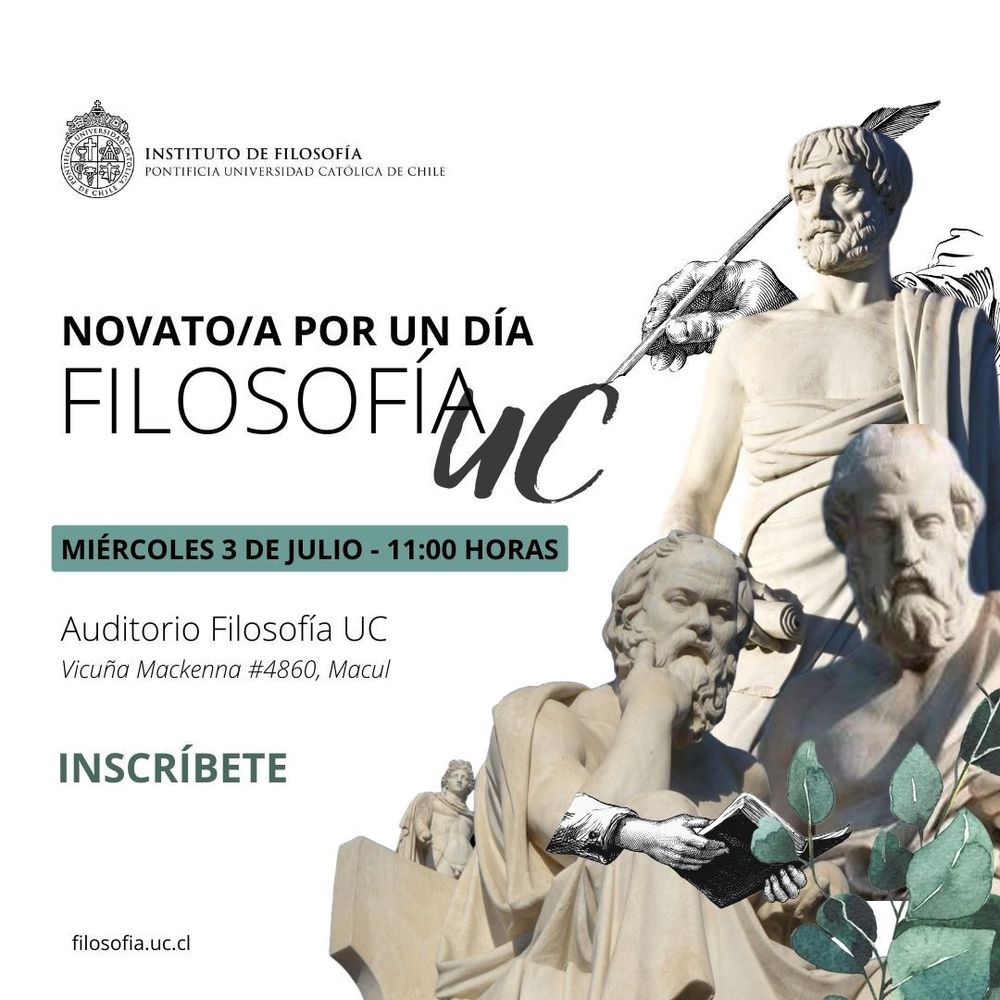 Afiche en que aparecen los grades filósofos de la antiguedad en un fondo blanco. En el título se anuncia la actividad para novatos y novatas 2024