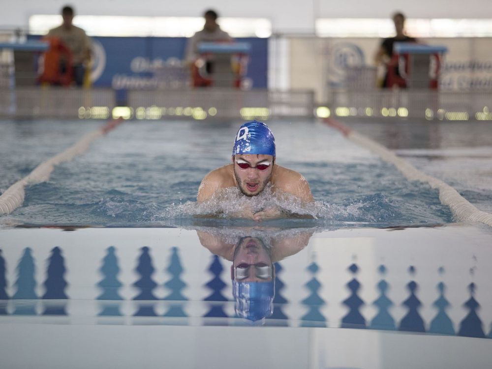 Plano general de una piscina olimpica. Un deportista nada estilo mariposa hacia la cámara. En el fondo, siluetas de personas sentadas.