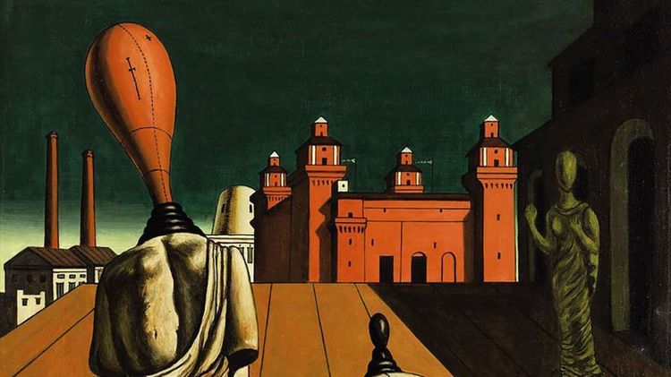 Pintura de una ciudad en la que aparecen en eprimer plano Talía y Melpómene las musas griegas de la comedia y de la tragedia