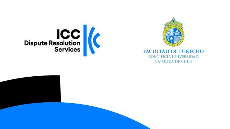 Logos de la ICC y la FAcultad de Derecho sobre fondo blanco y unas formas redondeada de color celeste y negra