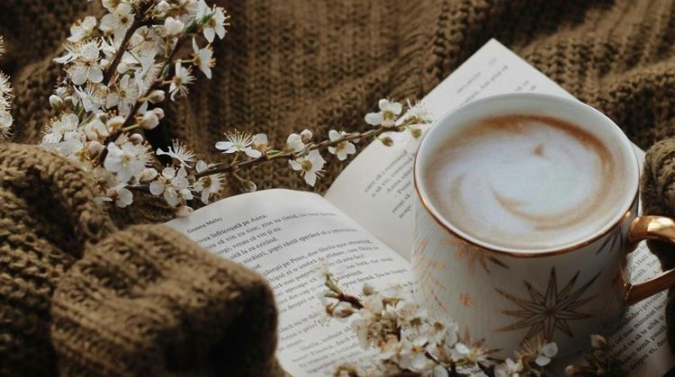 Fotografía de un libro, junto a una taza de café con leche o crema sobre un sweater o mantana de lana café y ramas con flores. Evoca un clima otoñal y de calma.