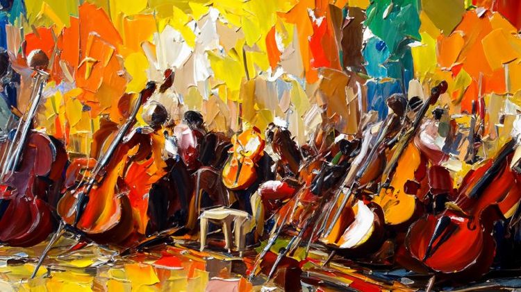 Cuadro de pintura donde hay muchos violines pintados