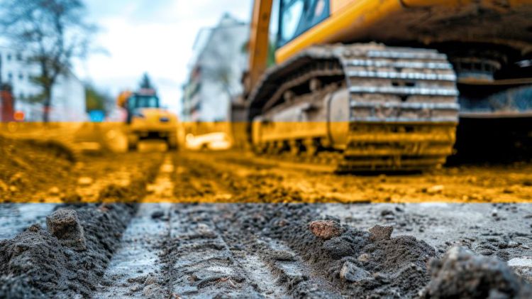 Camino fangoso con la parte de abajo de una retroexcavadora