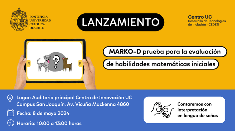 gráfica en donde aparece un fondo de color amarillo y en la parte inferior es azul. En la esquina superior derecha se encuentra ubicado el logo de la Pontificia Universidad Católica de Chile y el logo de CEDETI Centro de Desarrollo de Tecnologías de Inclu