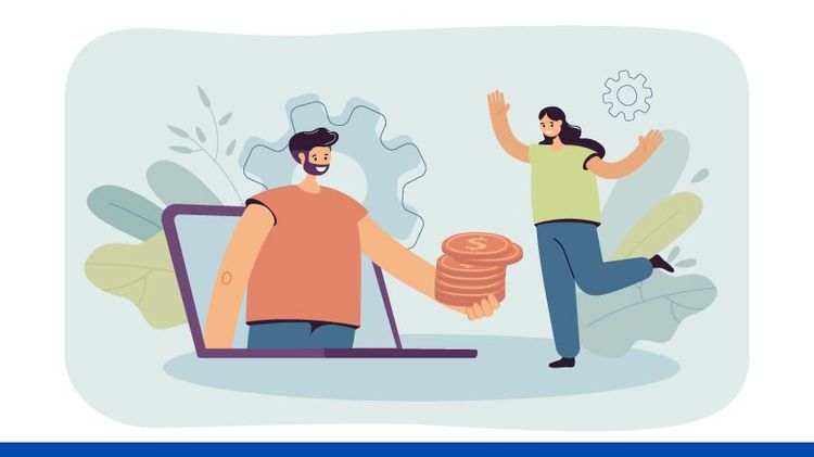 Hombre con monedas grandes en la mano y una mujer mirando feliz