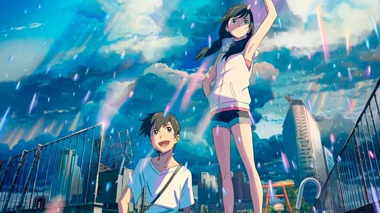 Imagen del afiche de la película donde aparecen losdos protagonistas con un fondo de nubel, cielo azul y destellos de colores.