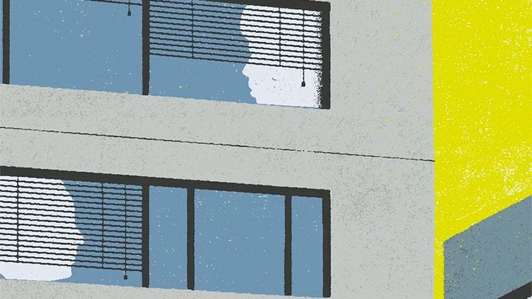 Fotografía de la portada del libro "la mujer singular y la ciudad". Es una ilustración de un edificio, ventanas y siluetas humanas.