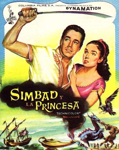 Un hombre en posición de defensa con una espada defiende a una mujer, sobre un fondo amarillo en el que se ven objetos y criaturas ficticias.