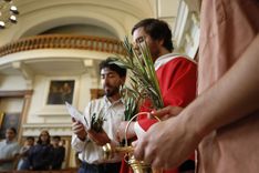 Sacerdote leyendo con un ramo en la mano